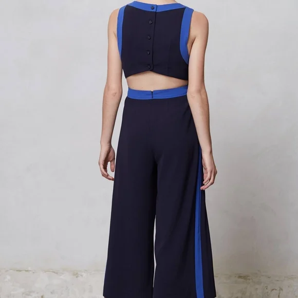 Anthropologie elevenses “Becas" Blue and Black Jumpsuit, Size 2 Reg, Like New - Picture 2 of 4